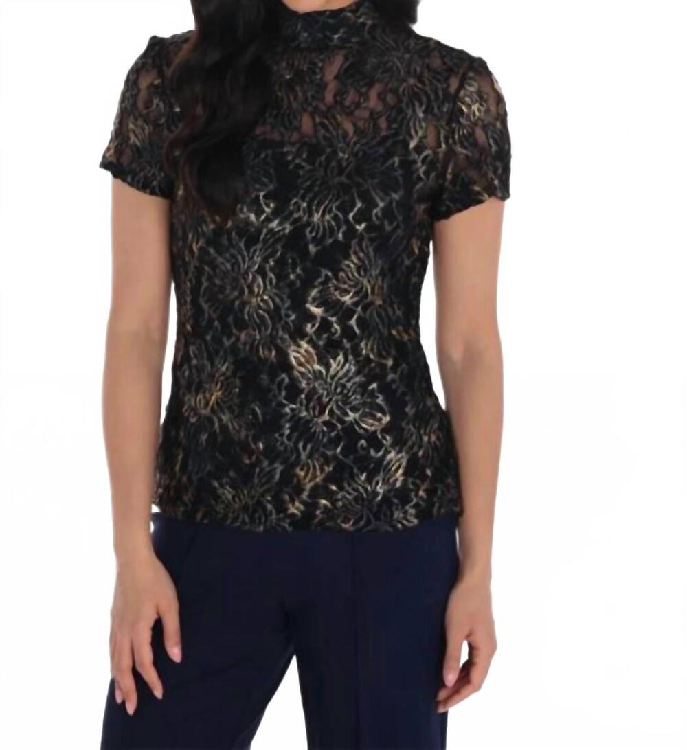 NEW FRANK LYMAN floral emroidered lace top in navy/gold